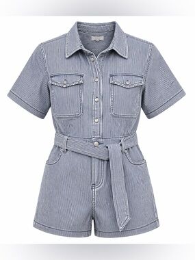 Striped Short-Sleeve Belted Romper in Navy and White
